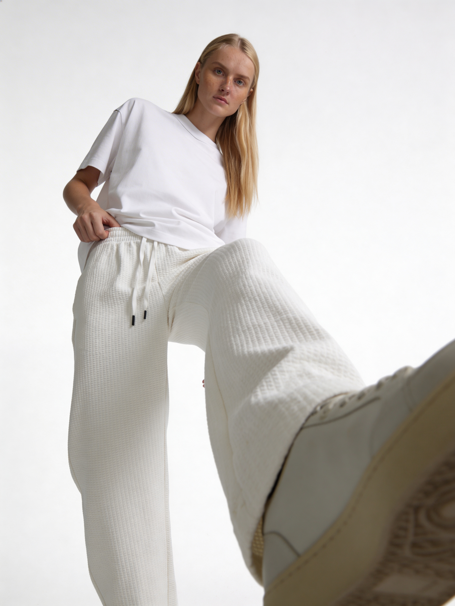 Relaxed Wide-Leg Waffle Knit Sweatpants - unbranded