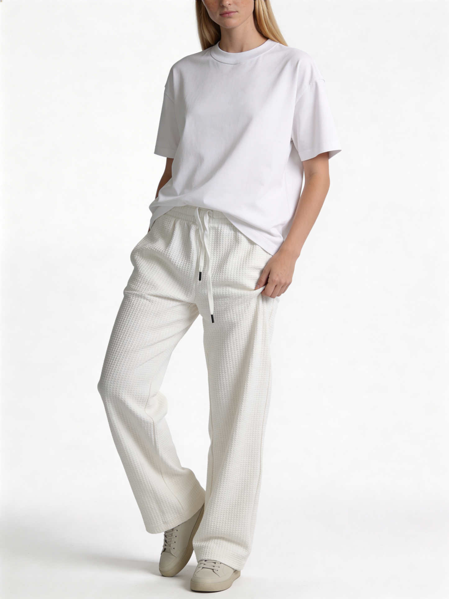 Relaxed Wide-Leg Waffle Knit Sweatpants - unbranded