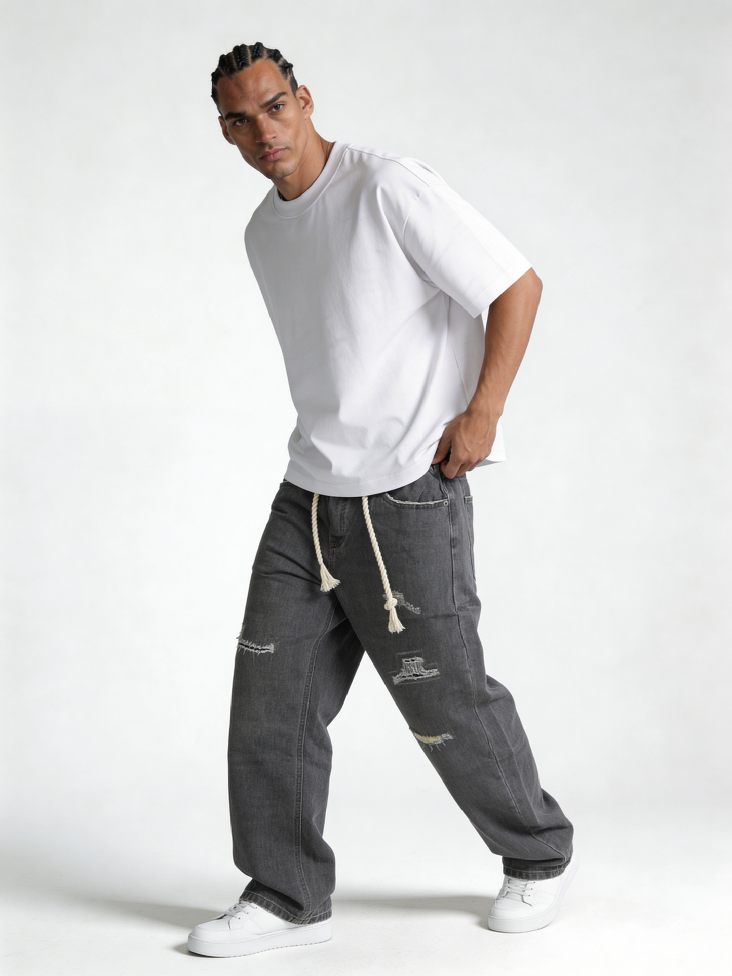 Relaxed Wide-Leg Distressed Cotton Denim - unbranded