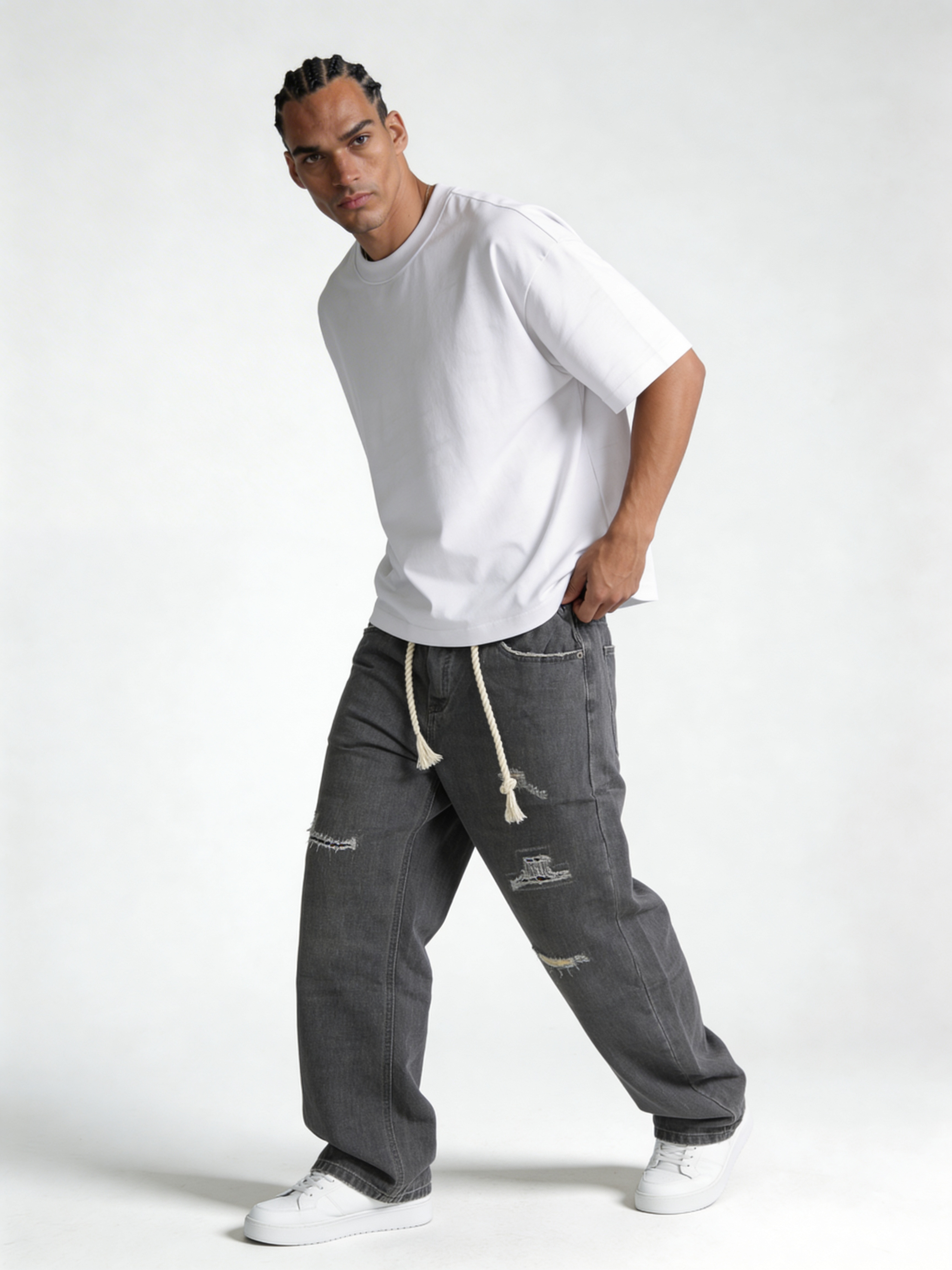 Relaxed Wide-Leg Distressed Cotton Denim - unbranded