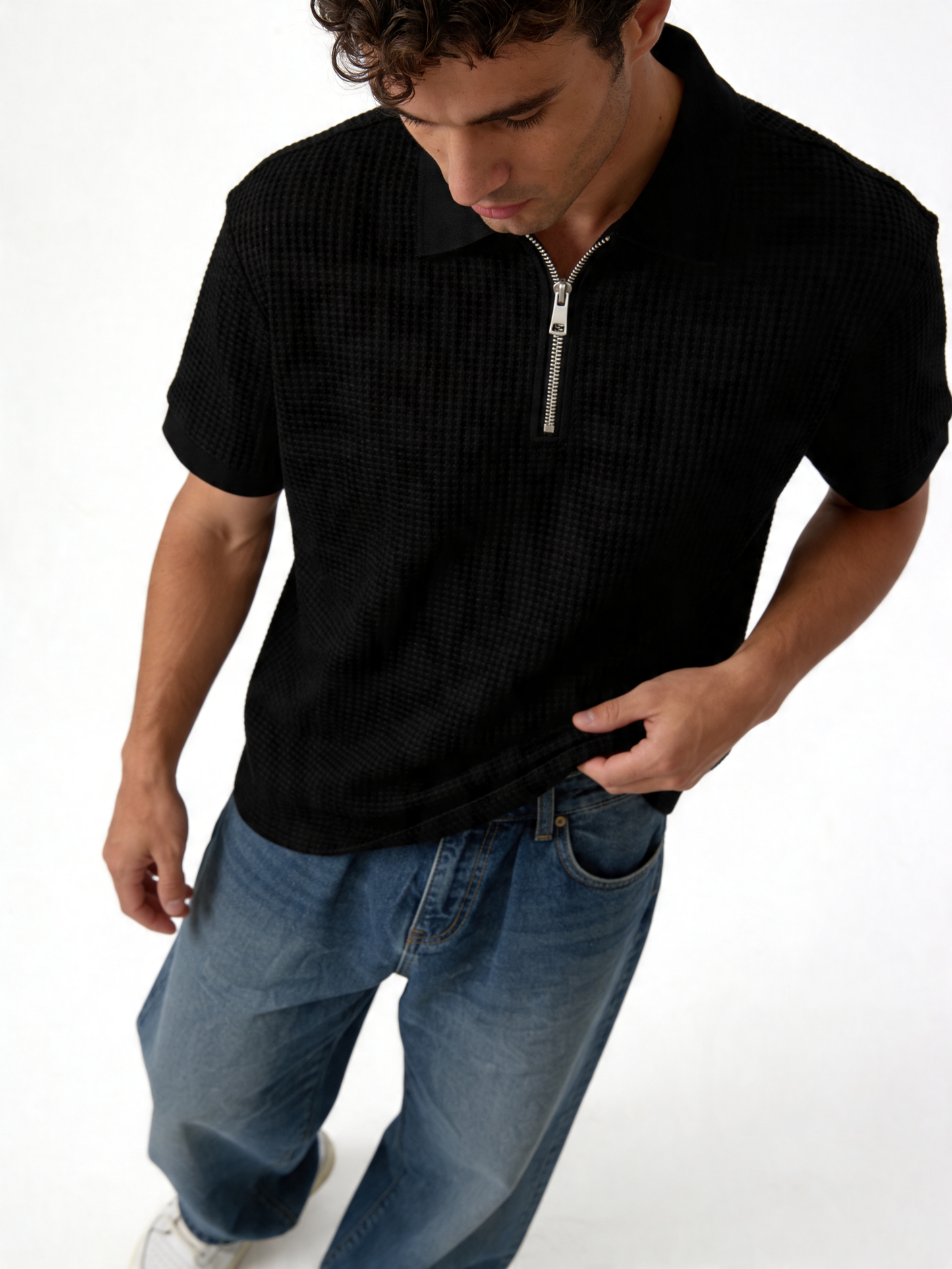Textured Zip Polo Knit Regular Fit - brotherhood