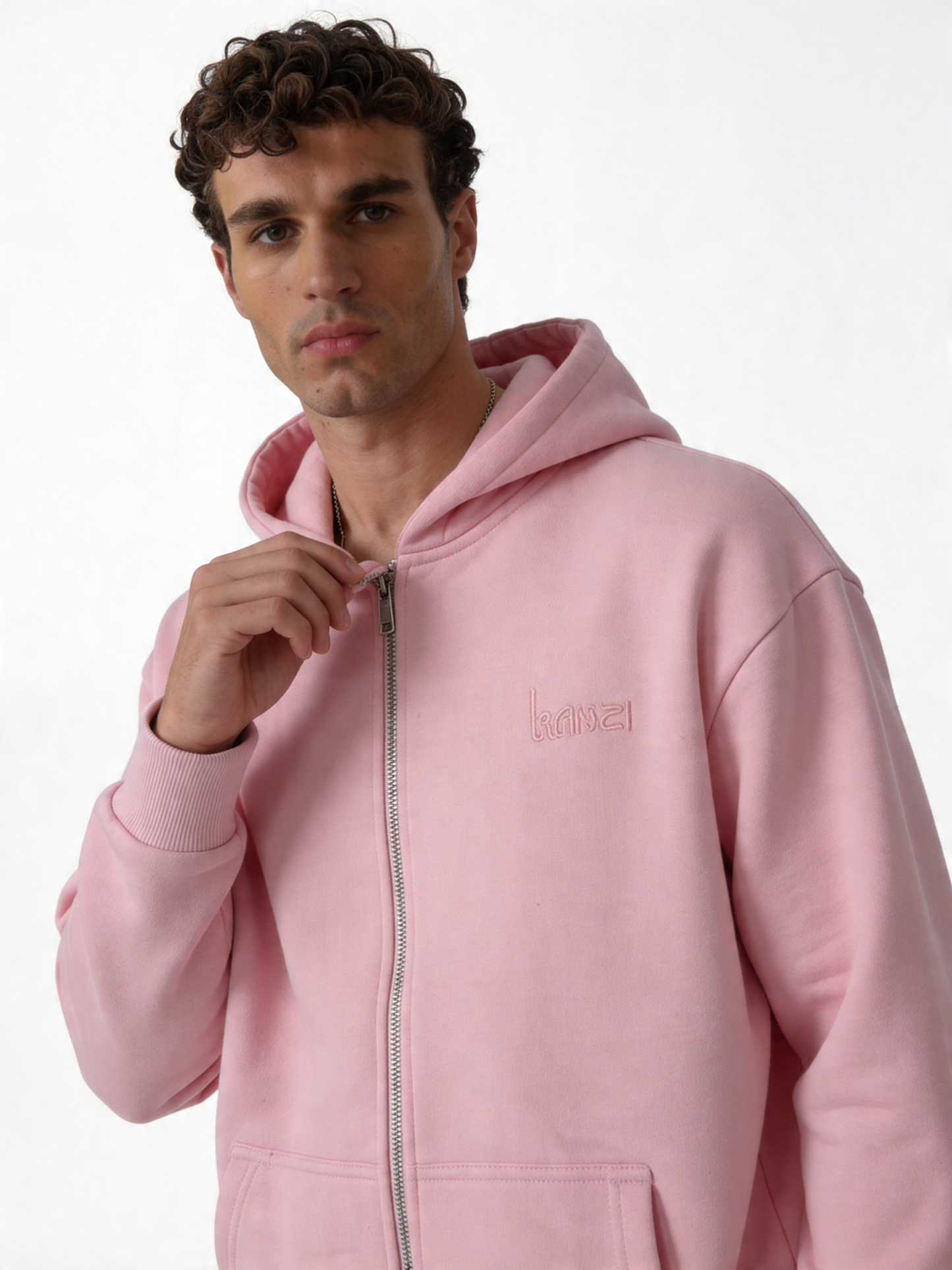 Embroidered Zip Hoodie Cotton Oversized Fit - kamzi