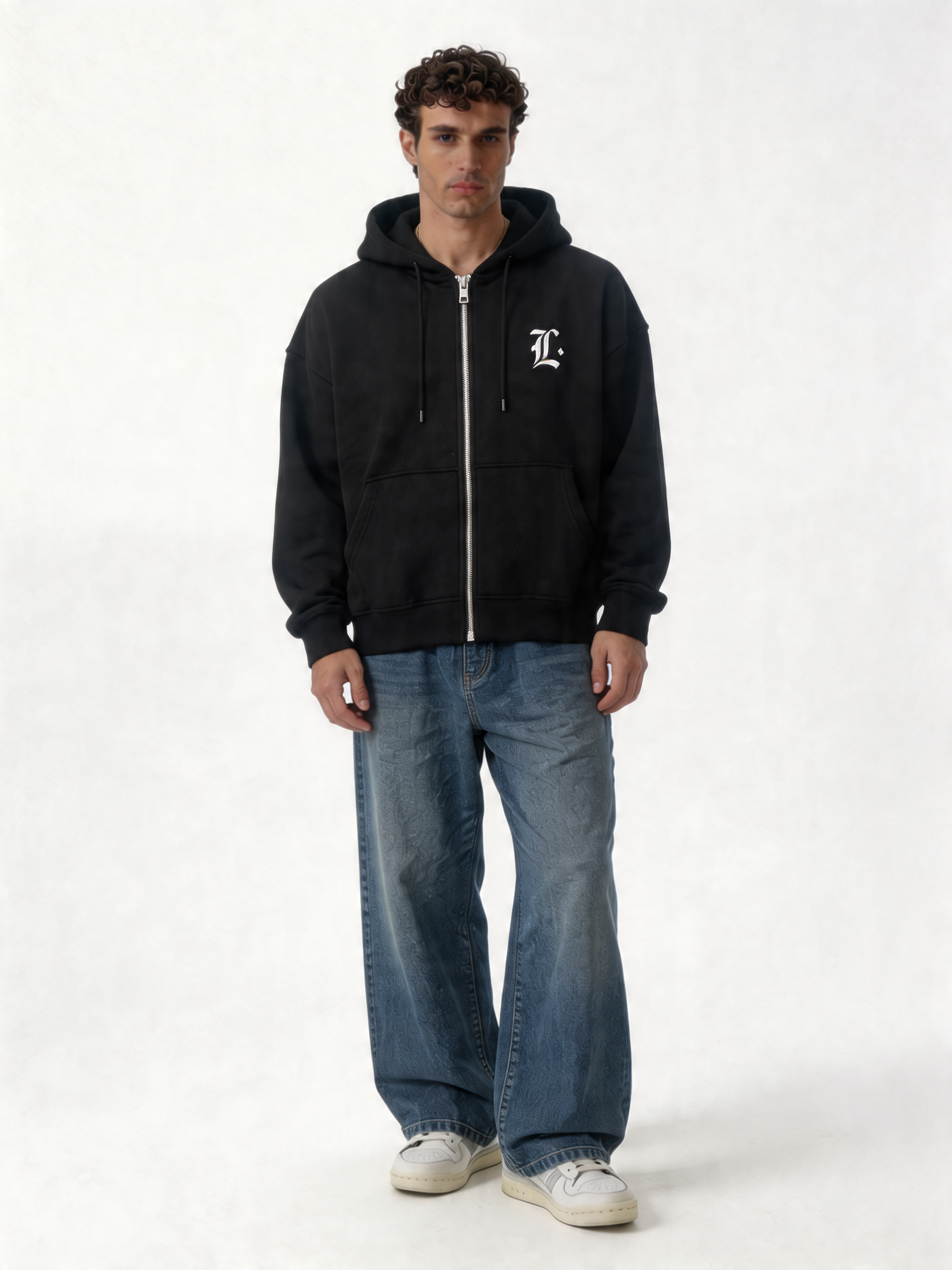 Logo Graphic Zip Hoodie Cotton Blend Oversized Fit - locco