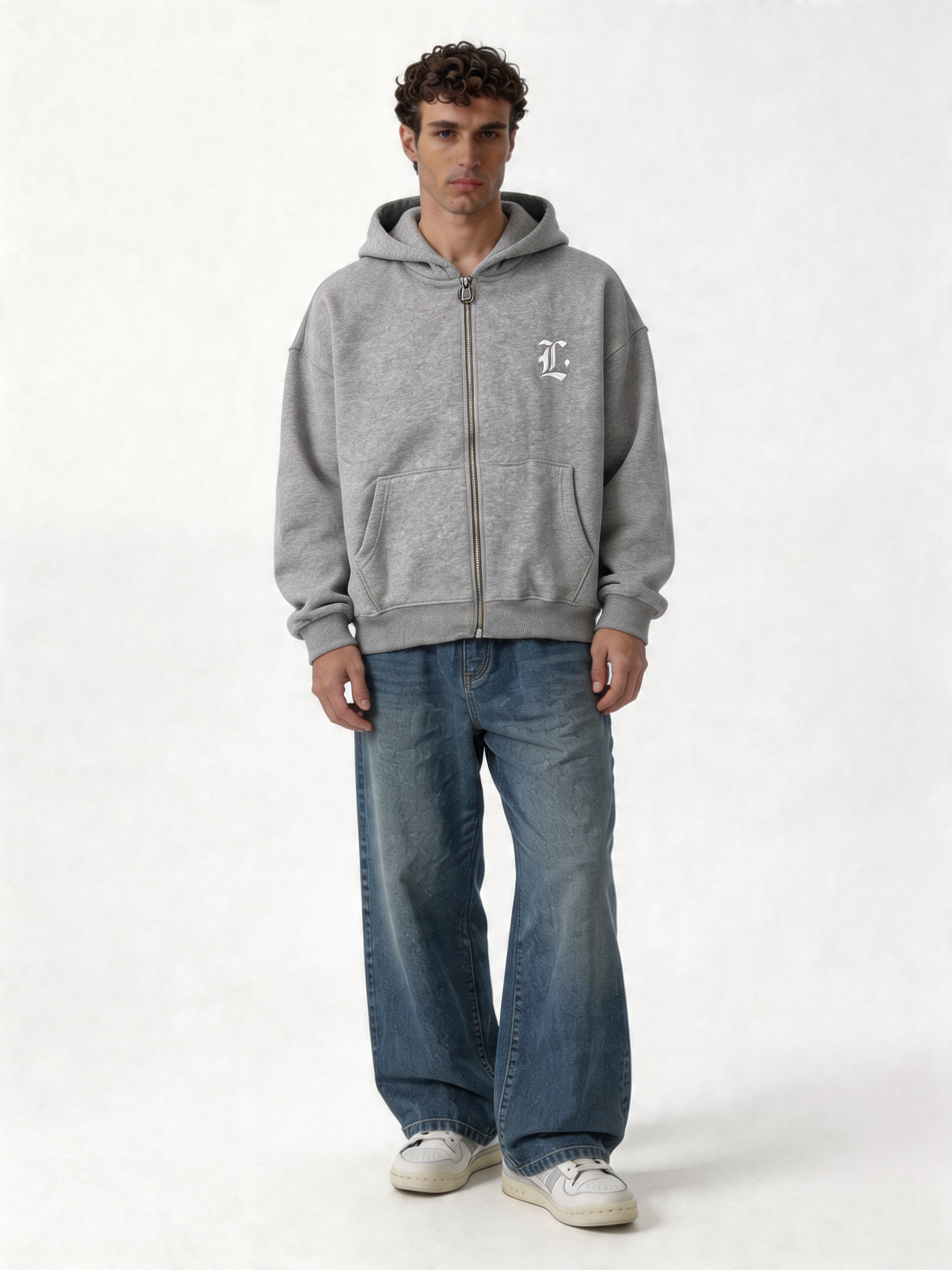 Logo Graphic Zip Hoodie Cotton Blend Oversized Fit - locco