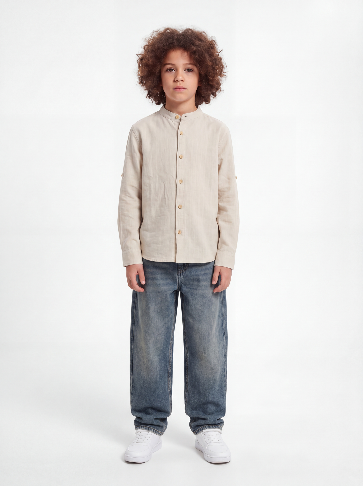 Buttoned Mandarin Collar Shirt Linen Regular Fit - seven kids