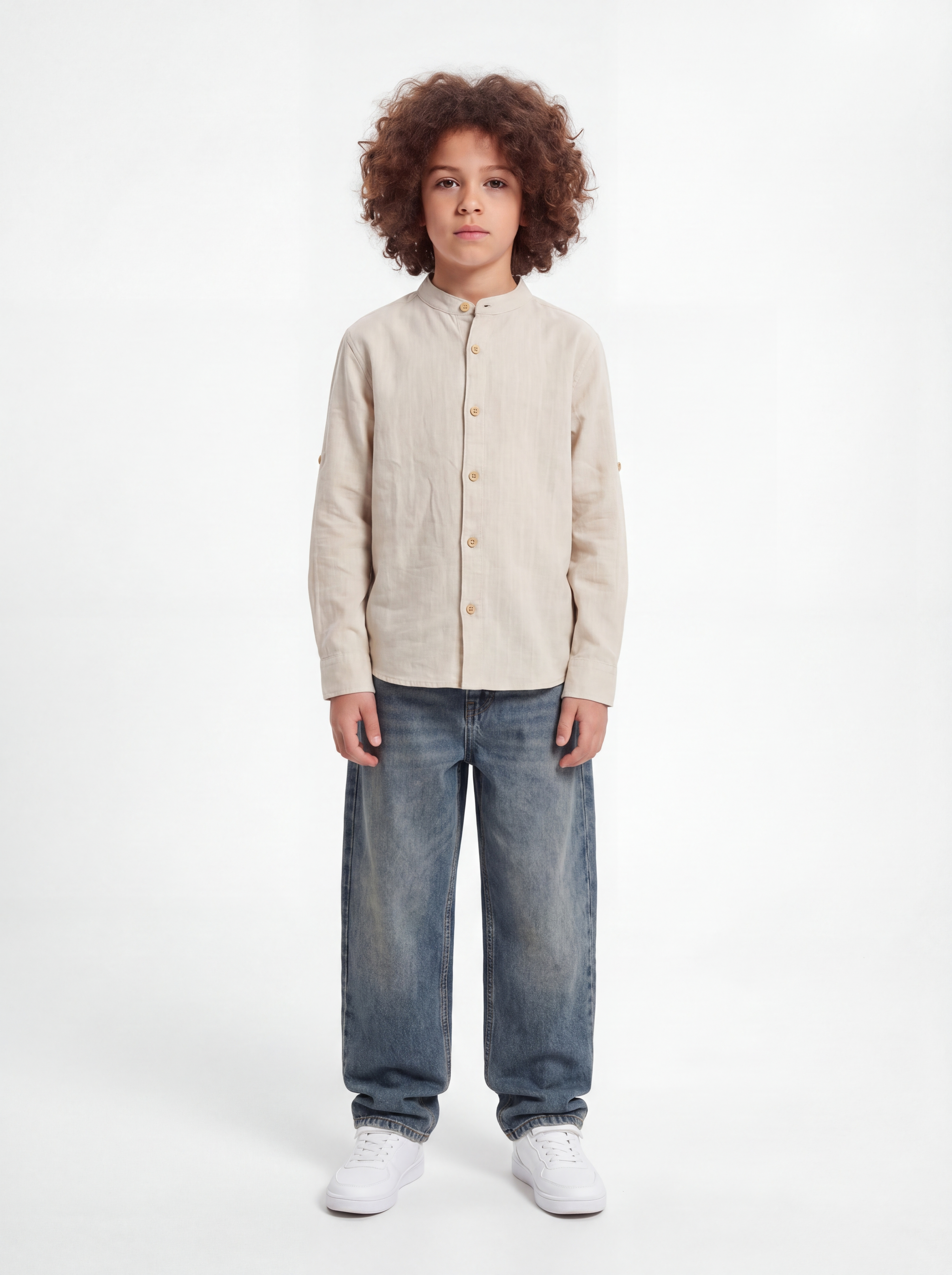 Buttoned Mandarin Collar Shirt Linen Regular Fit - seven kids