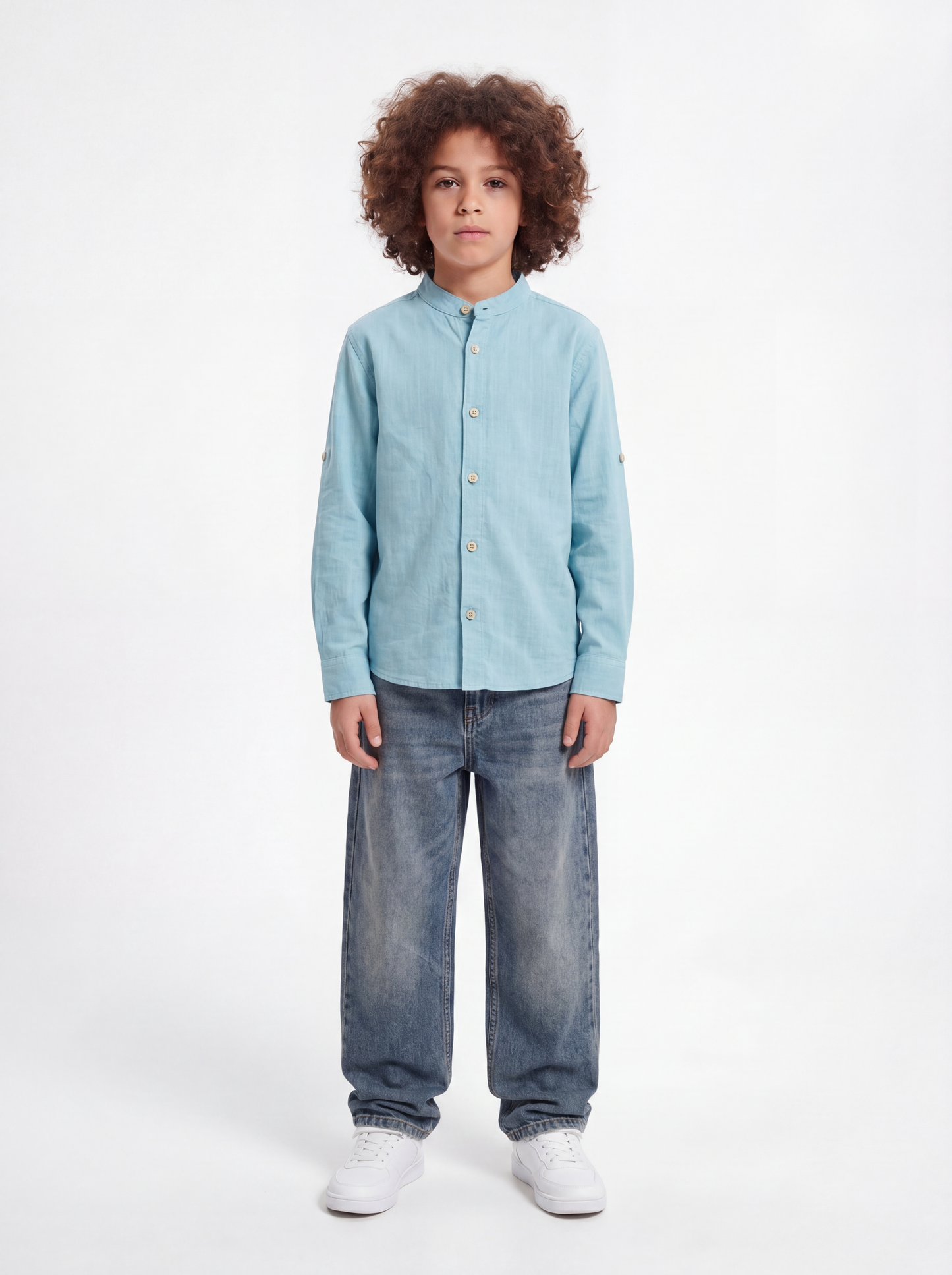 Buttoned Mandarin Collar Shirt Linen Regular Fit - seven kids