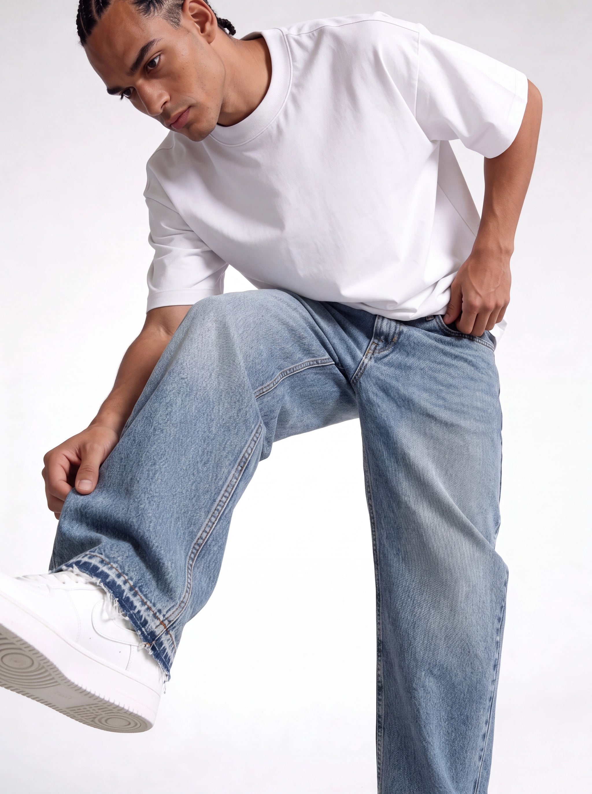 Relaxed Wide-Leg Raw-Hem Denim - STONIM