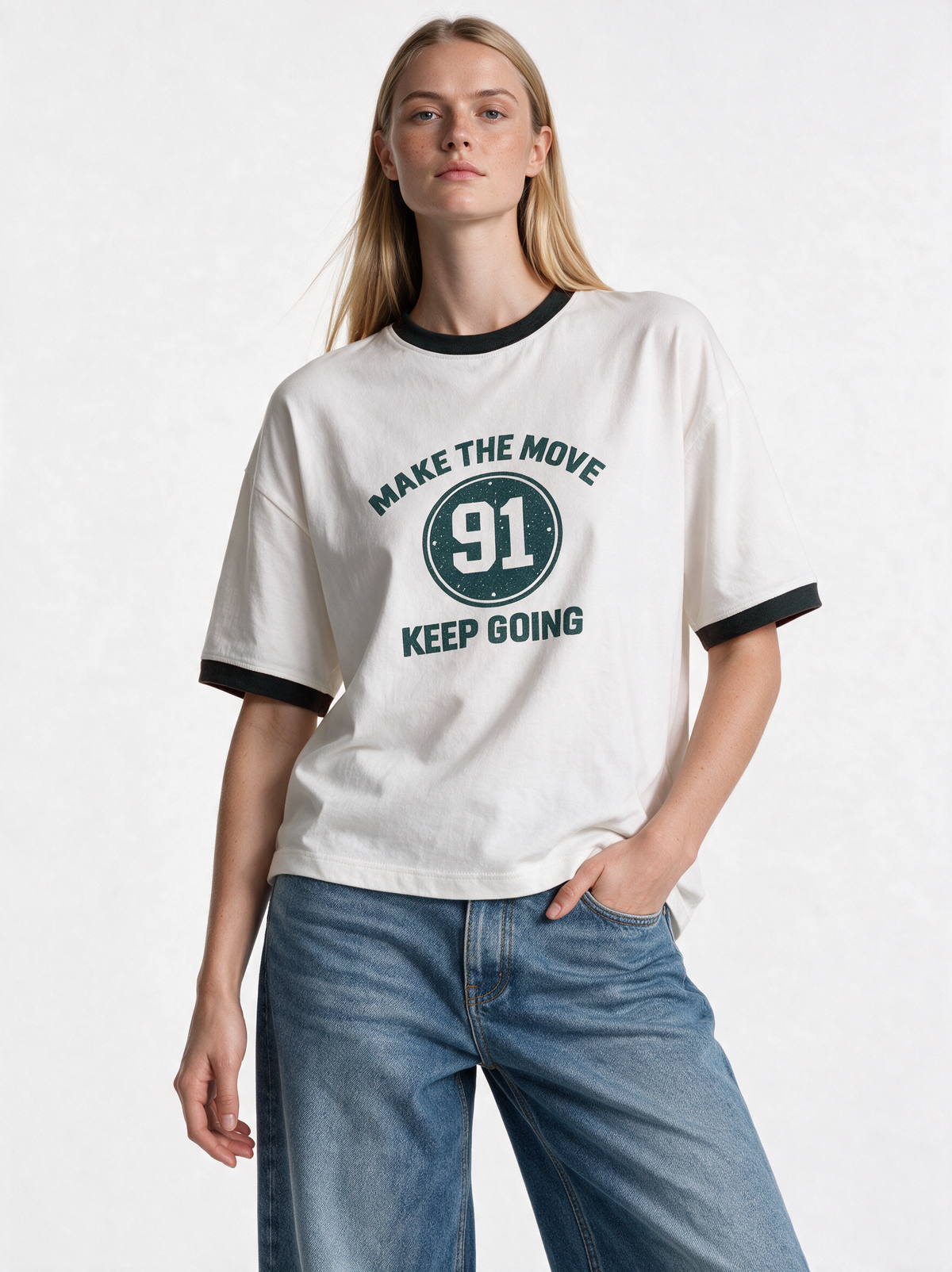 Ribbed Collar Graphic T-Shirt Regular Fit - JE-X