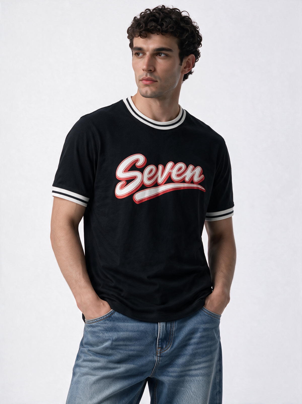 Ribbed Trim Graphic T-Shirt Relaxed Fit - Seven