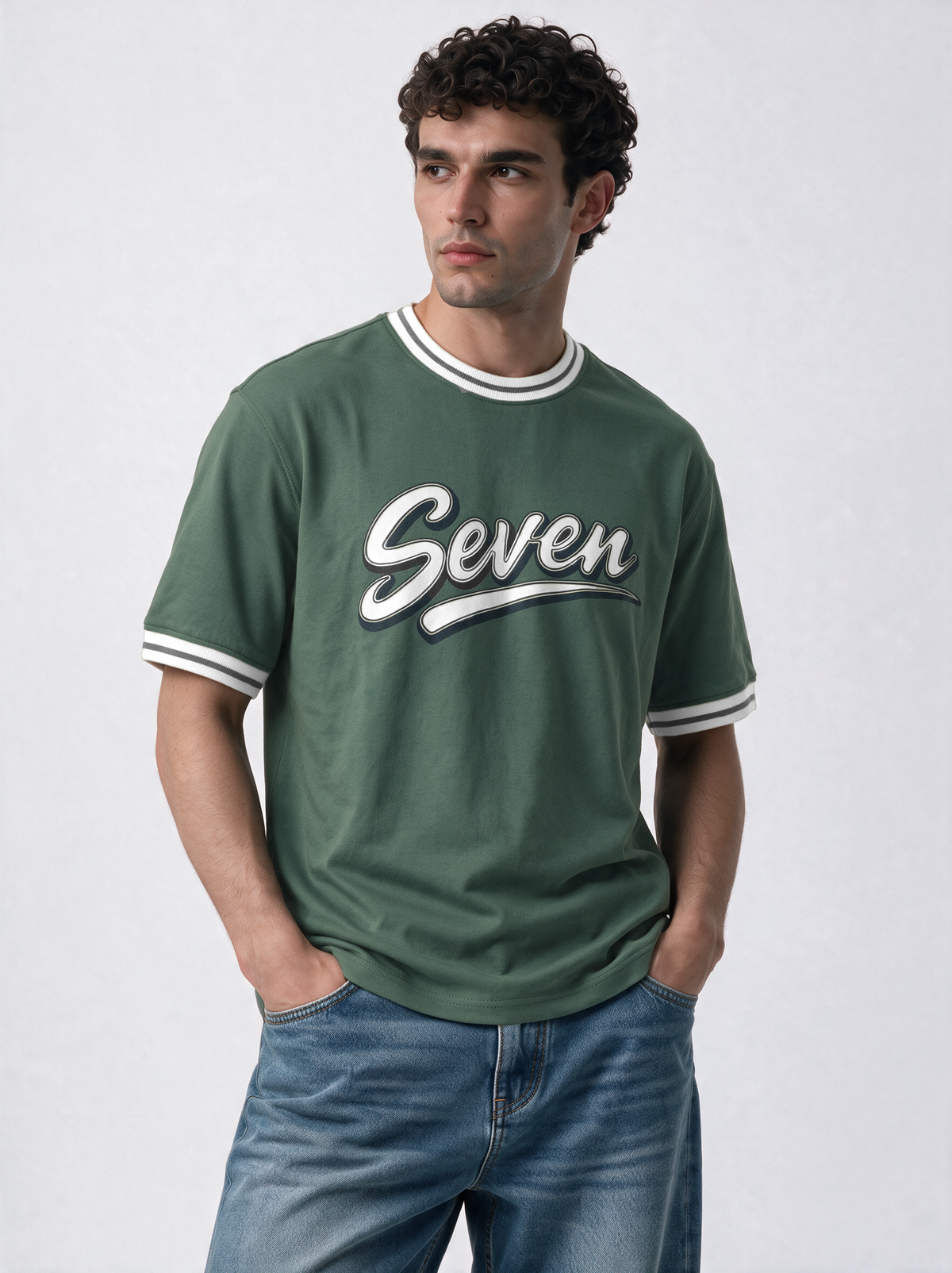 Ribbed Trim Graphic T-Shirt Relaxed Fit - Seven