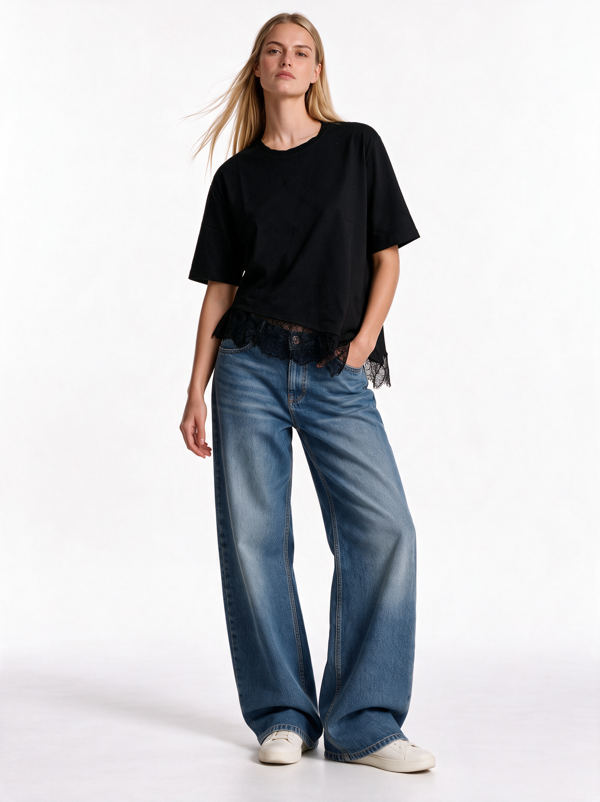 Lace-Trim T-Shirt Knit Boxy Fit - Eighties