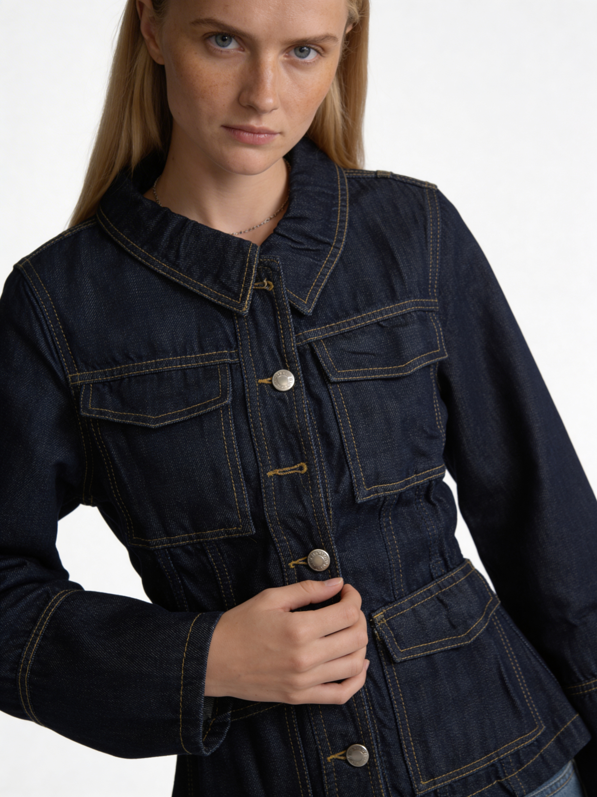 Structured Cinched-Waist Raw Indigo Denim Jacket - kamzi