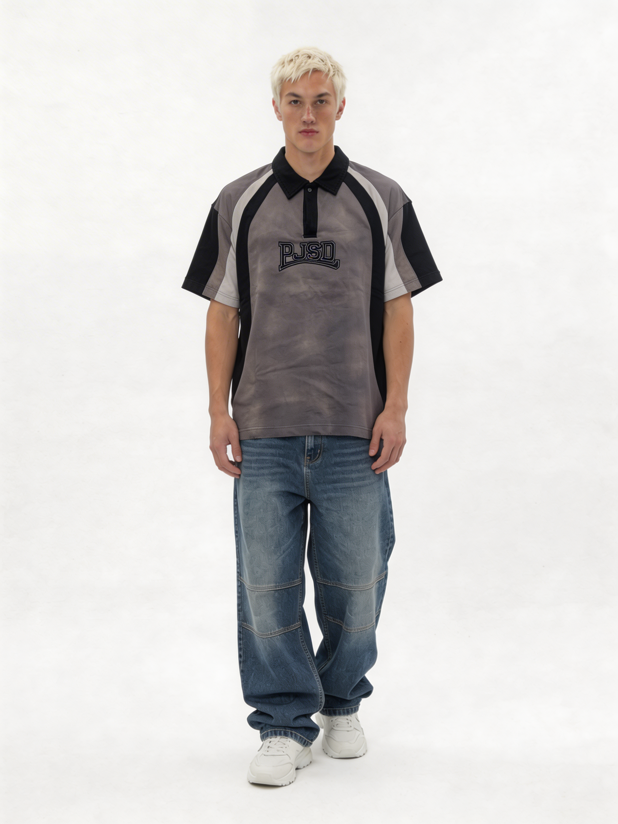 Boxy Panelled Washed Cotton Polo Shirt - jex -