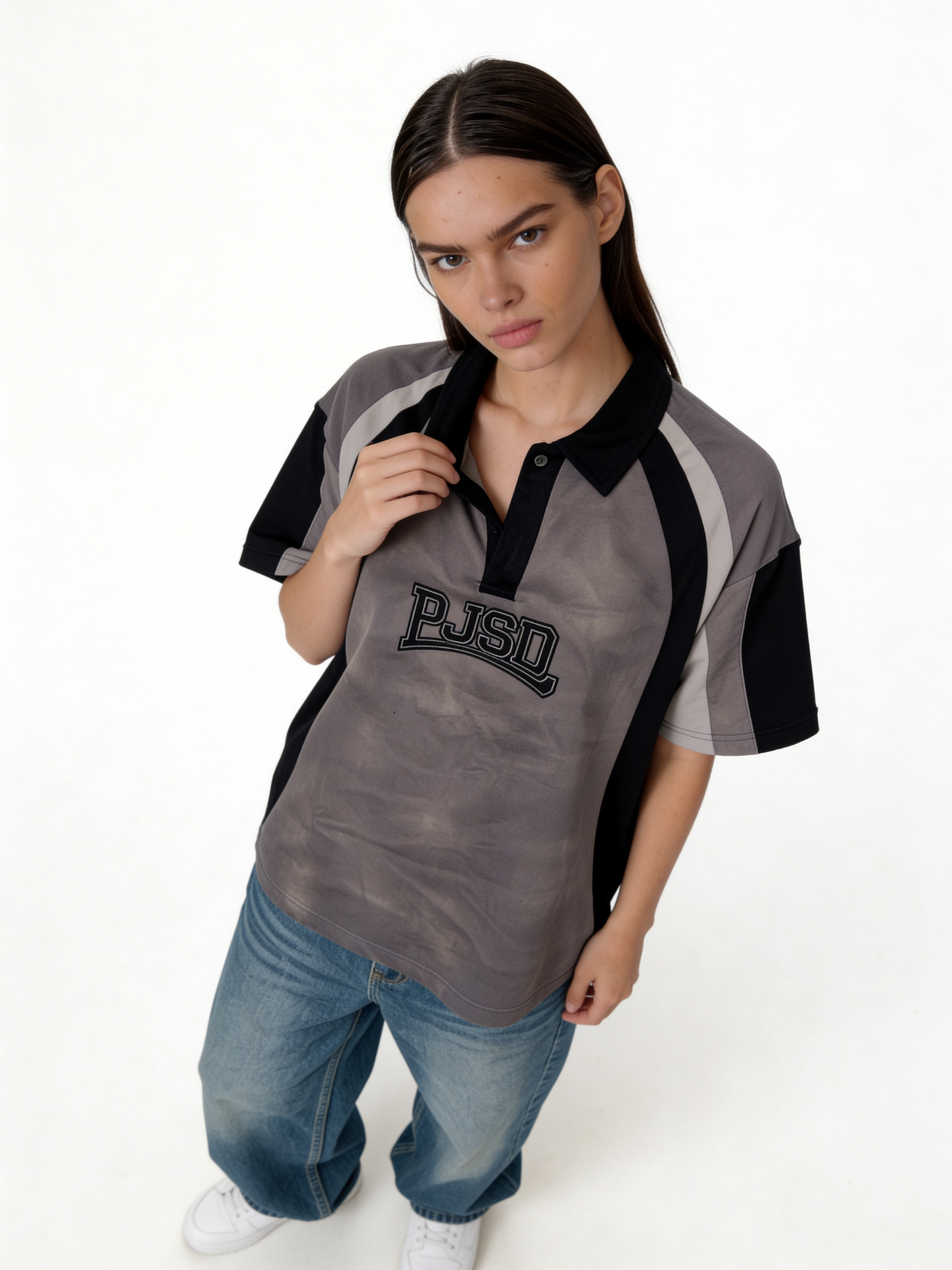 Boxy Panelled Washed Cotton Polo Shirt - jex -