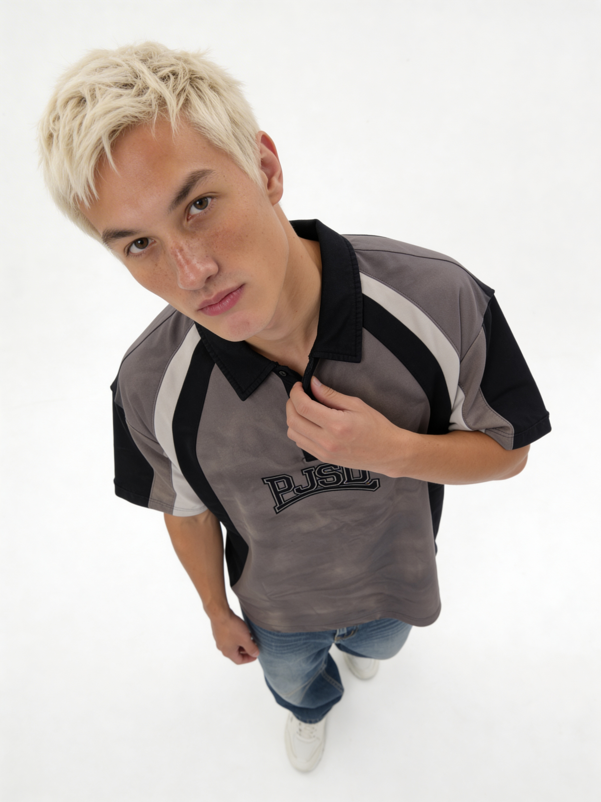 Boxy Panelled Washed Cotton Polo Shirt - jex -
