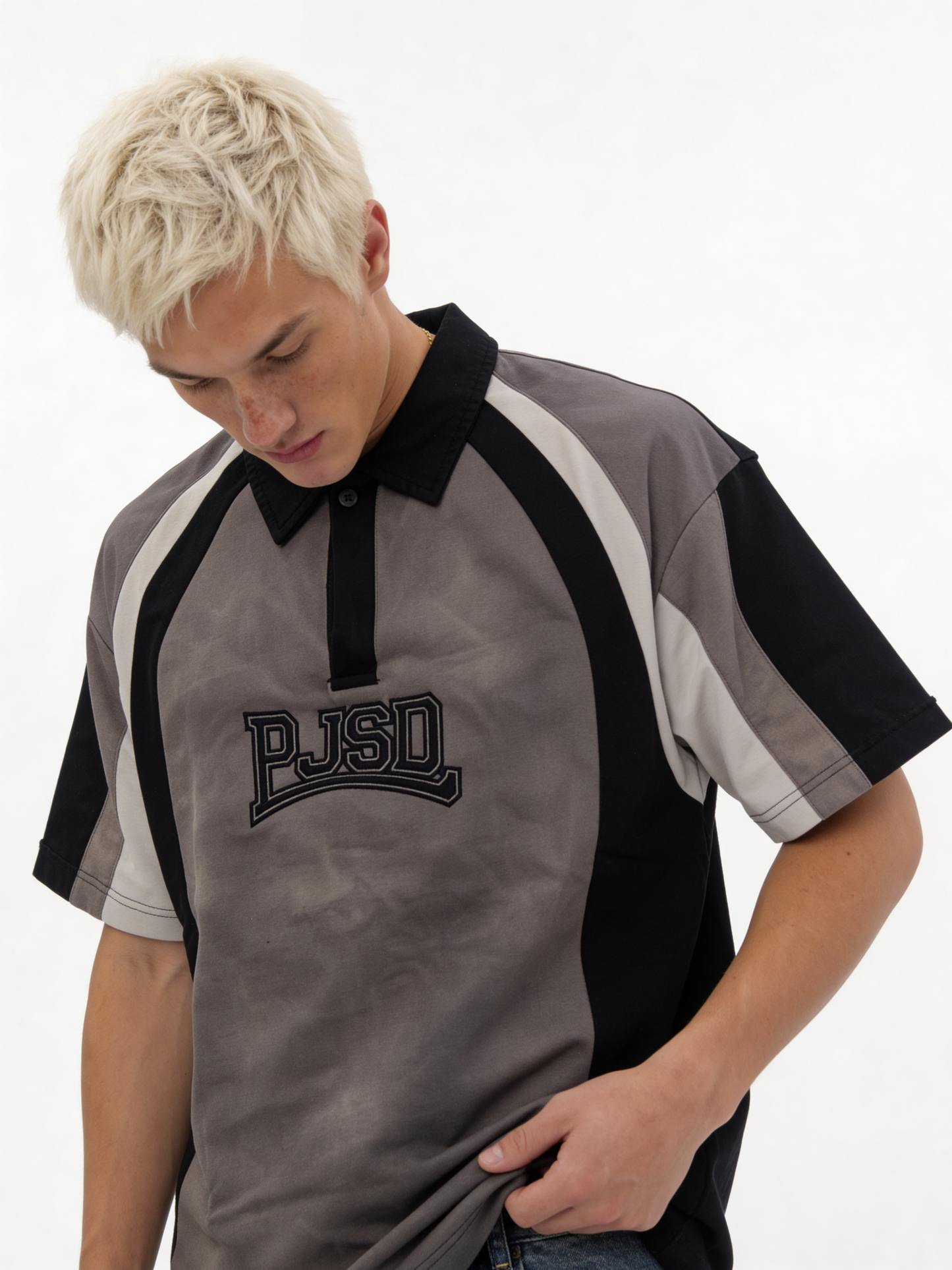 Boxy Panelled Washed Cotton Polo Shirt - jex -