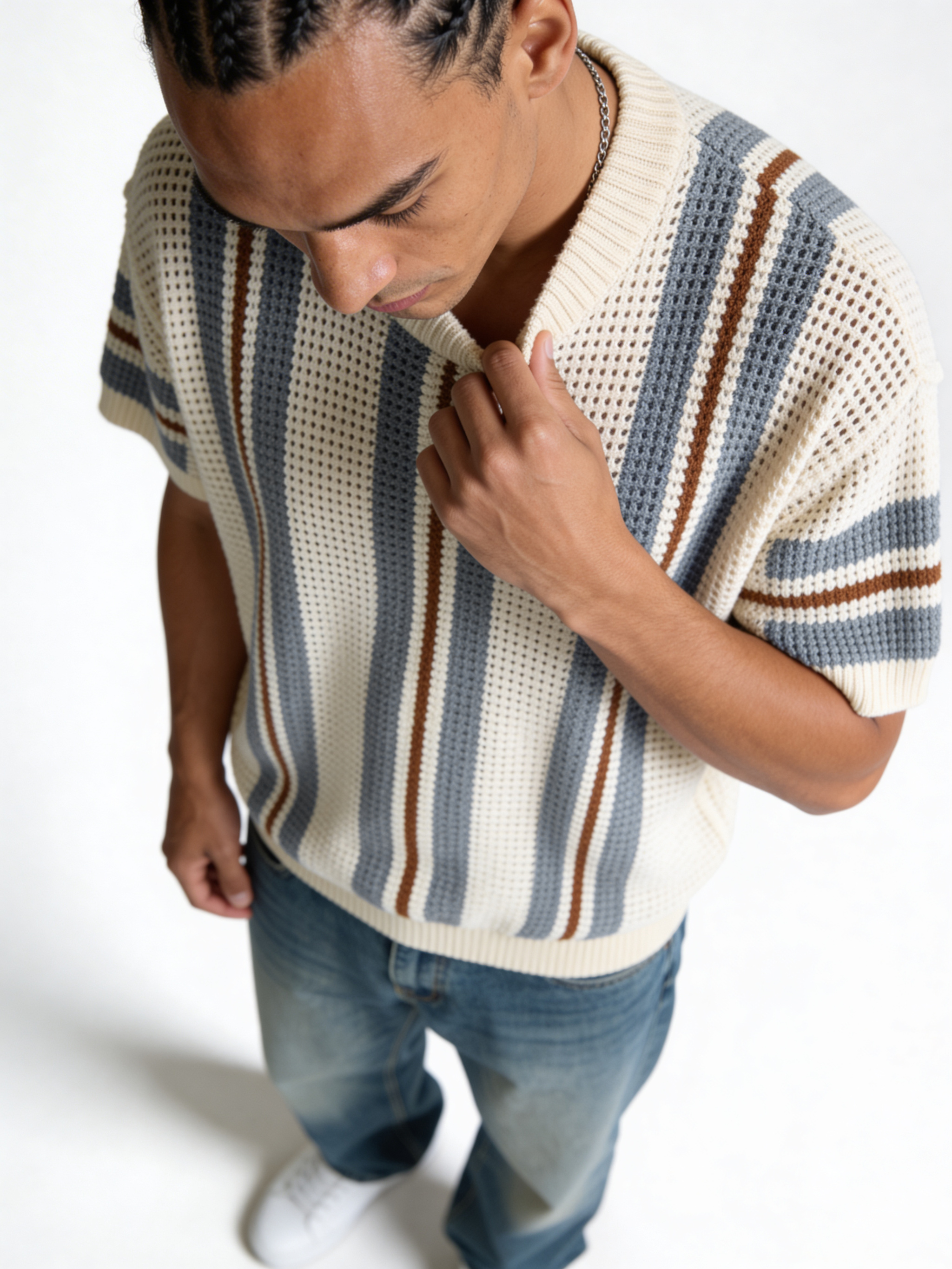 Boxy Crochet Knit Striped Crewneck - void